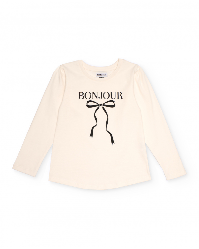 Maglietta a maniche lunghe color crema con fiocco stampato