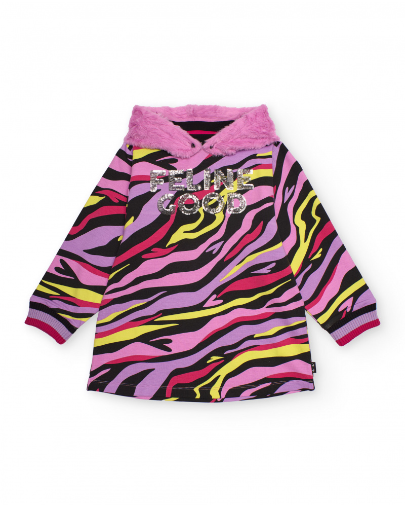 Vestito in felpa per bambina con stampa multicolore e cappuccio in peluche