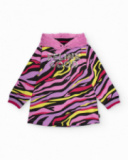 Vestito in felpa per bambina con stampa multicolore e cappuccio in peluche
