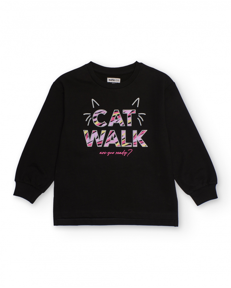 Felpa nera da bambina con stampa "CAT WALK"