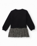 Abito felpa nero per bambina con gonna a righe e ricamo