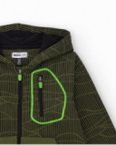 Felpa con cappuccio per bambino verde con stampa grafica e dettagli neon