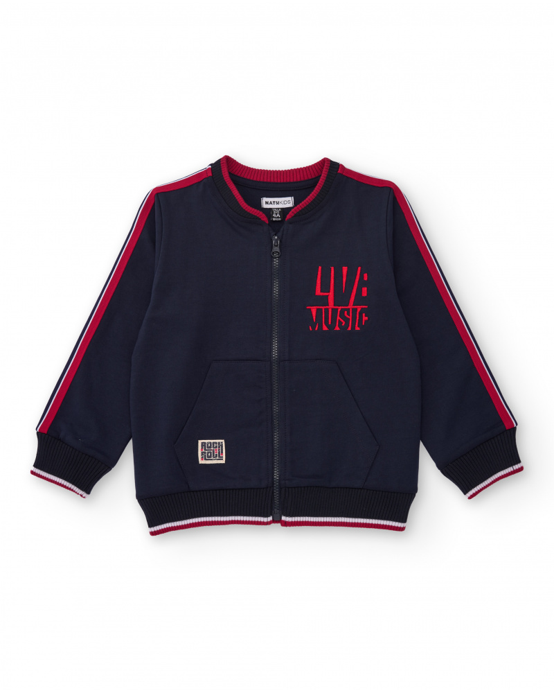 Giacca bomber blu navy per bambino con dettagli rossi e scritta ricamata