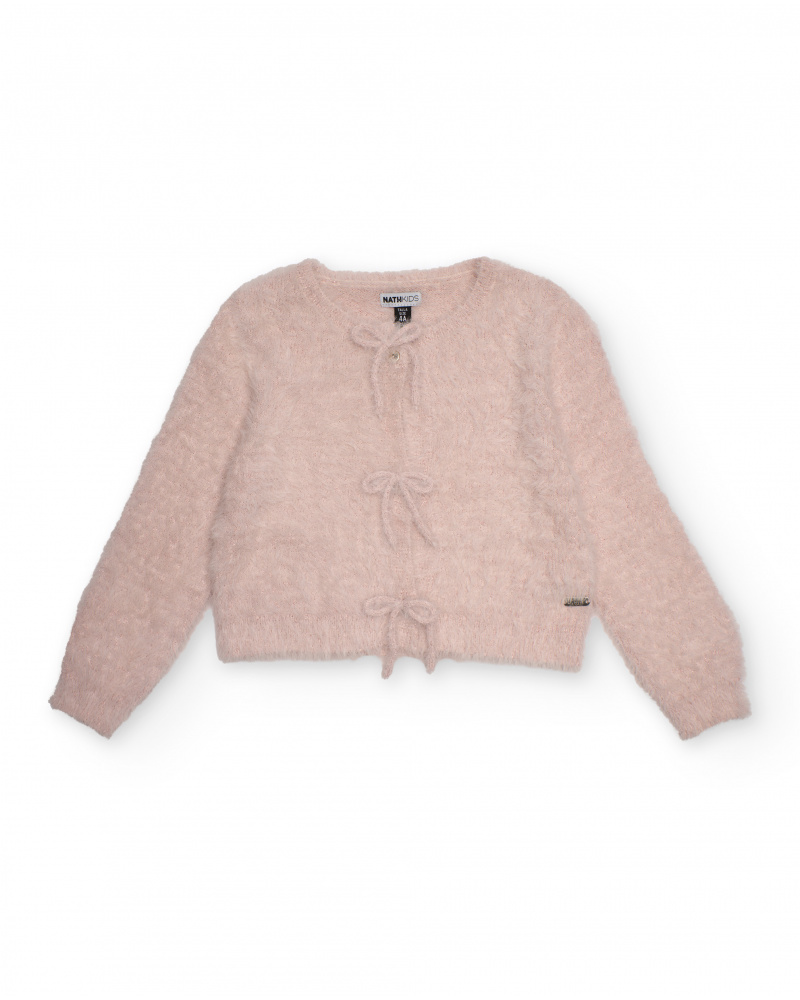 Cardigan rosa in maglia per bambina con fiocchi decorativi