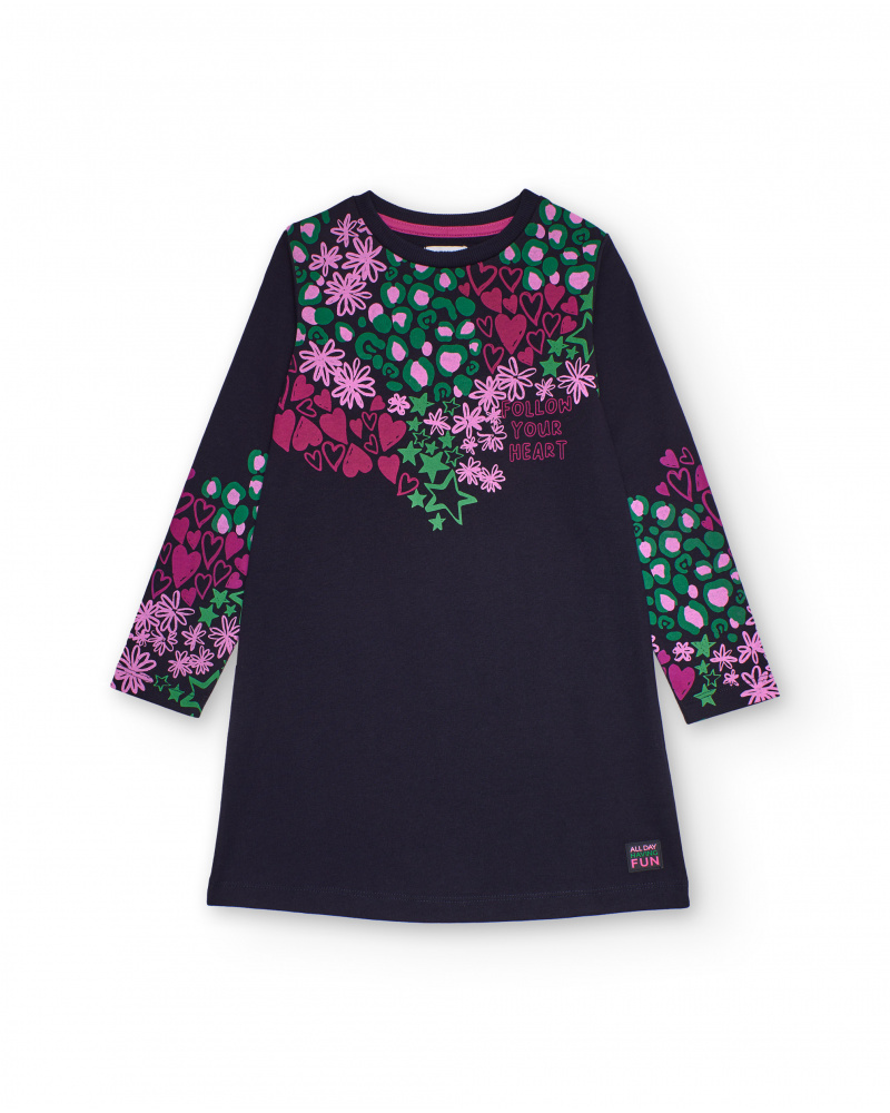 Vestito blu navy a maniche lunghe con stampa colorata per bambina