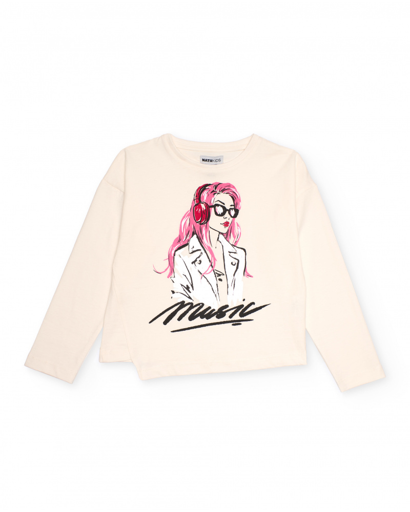 Maglietta color panna a maniche lunghe per bambina con illustrazione di ragazza con cuffie