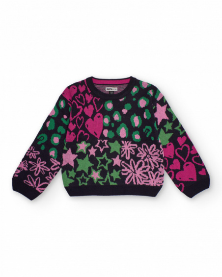 Maglione multicolore per bambina con cuori, stelle e fiori