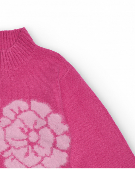 Maglione rosa per bambina con collo alto e fiori grandi