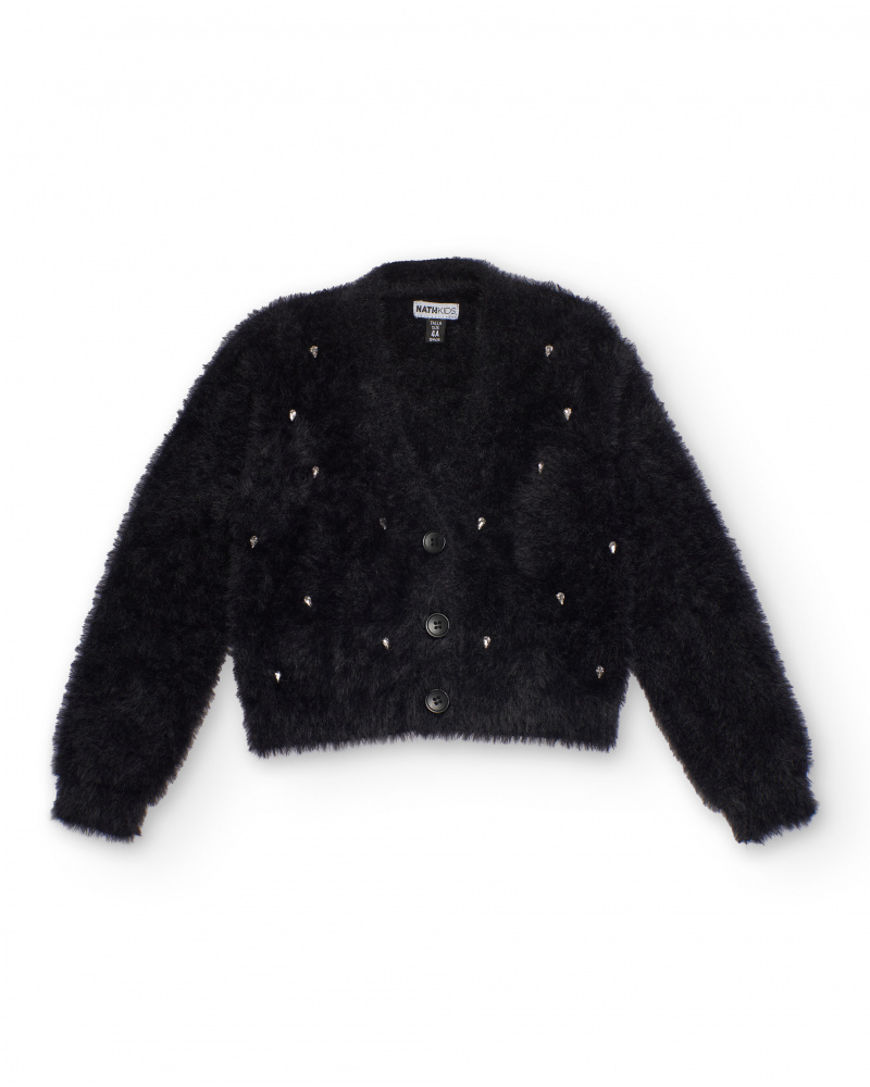 Cardigan nero in maglia per bambina con applicazioni brillanti