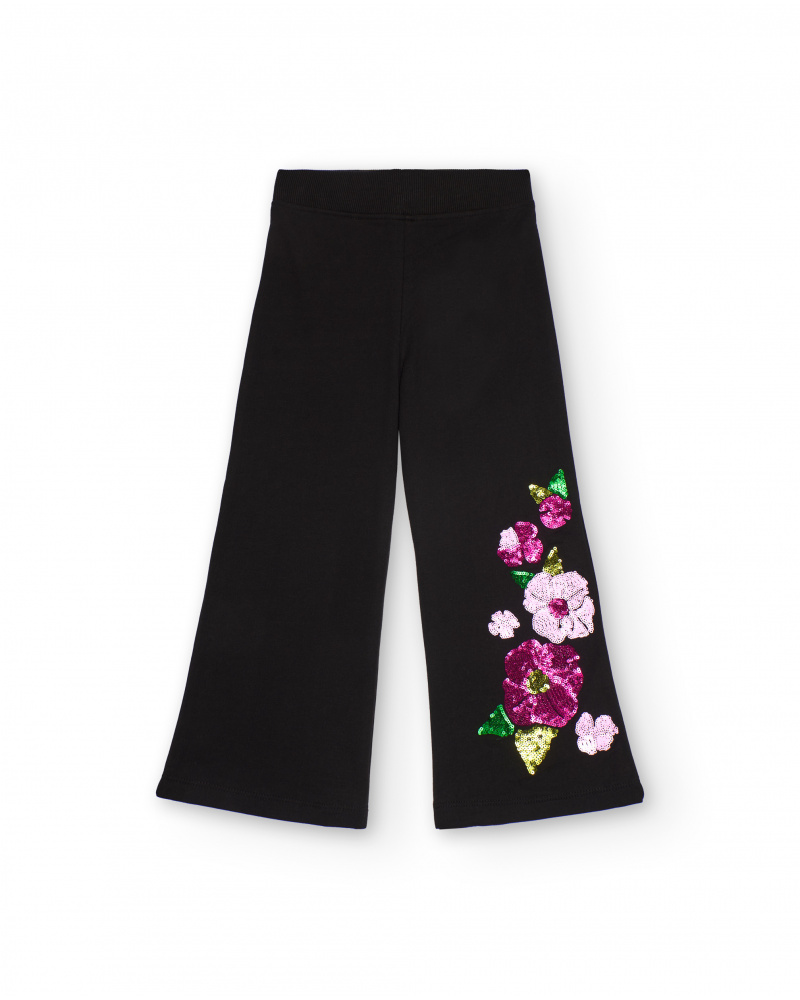 Pantaloni neri per bambina con applicazioni floreali di paillettes