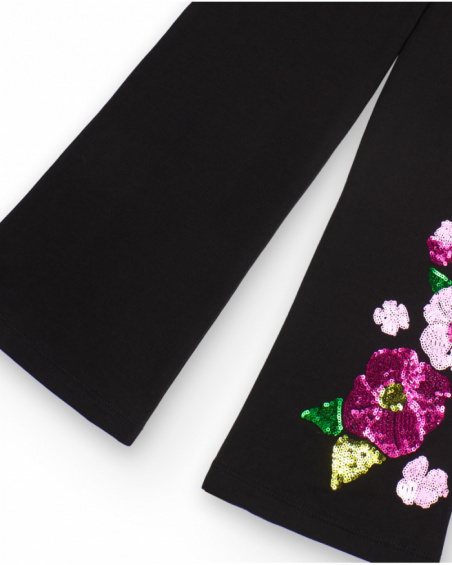 Pantaloni neri per bambina con applicazioni floreali di paillettes