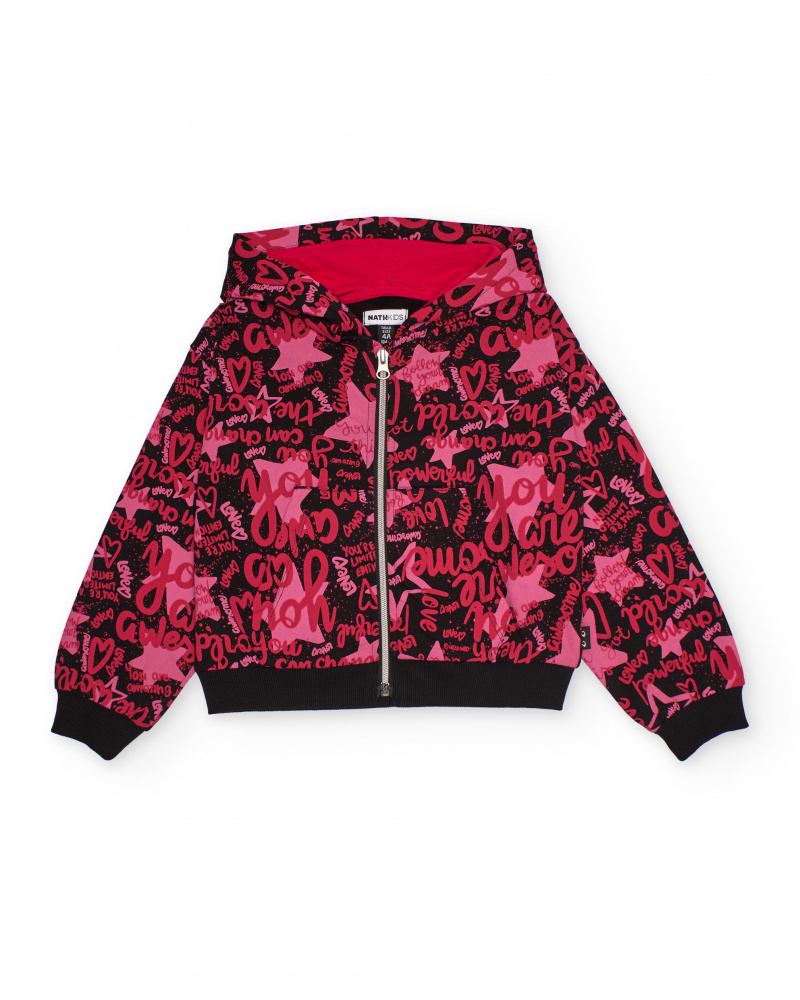 Felpa con cappuccio per bambina in tonalità fucsia con stampa tipografica