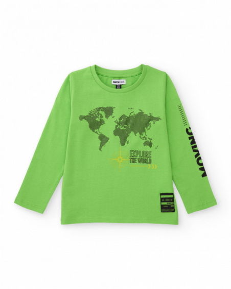 Maglietta verde a maniche lunghe per bambino con stampa del planisfero