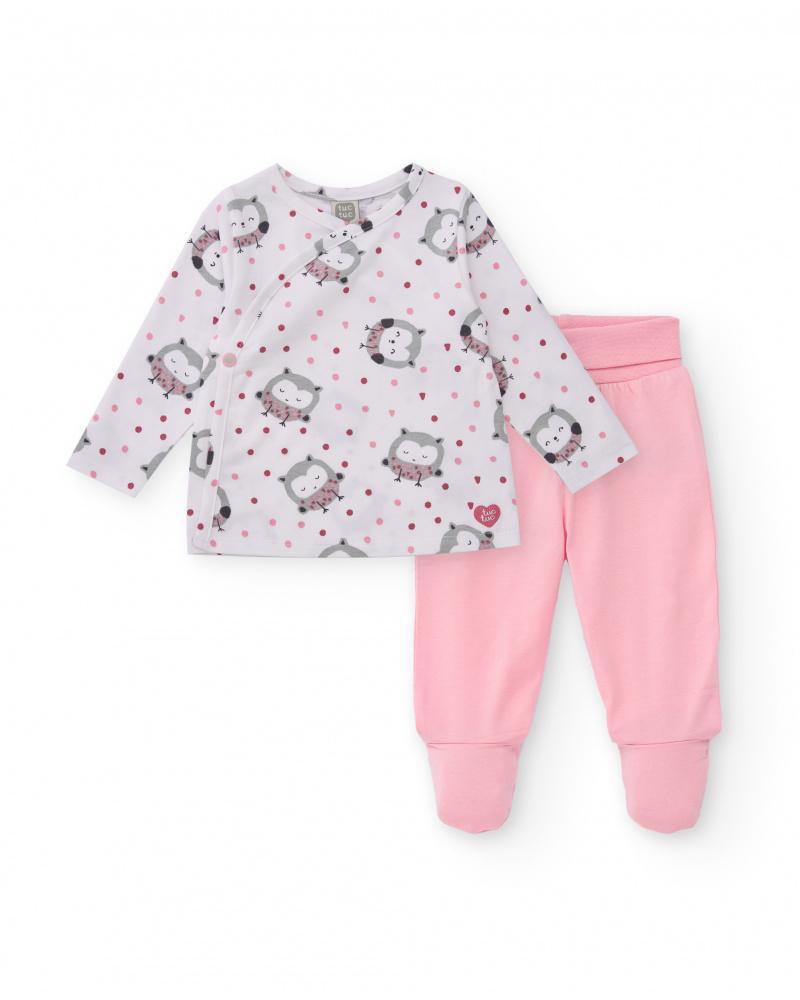 Completo due pezzi per bambina in bianco e rosa con stampa di gufi.