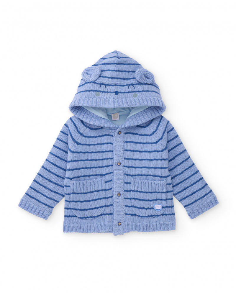 Cardigan in maglia per bambino in tonalità di blu con cappuccio e orecchiette