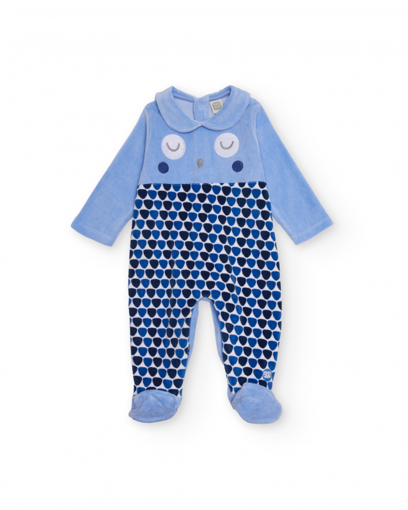 Tutina per neonato in blu con design di gufo e stampa geometrica