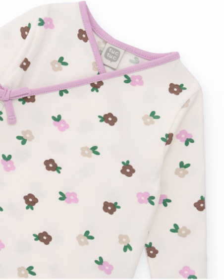 Completo maglietta e pantalone con piede per neonato nei toni crema e lilla con stampa floreale