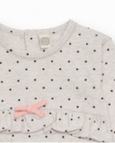 Tutina in maglia grigio chiaro per bambina con stampa a pois neri.