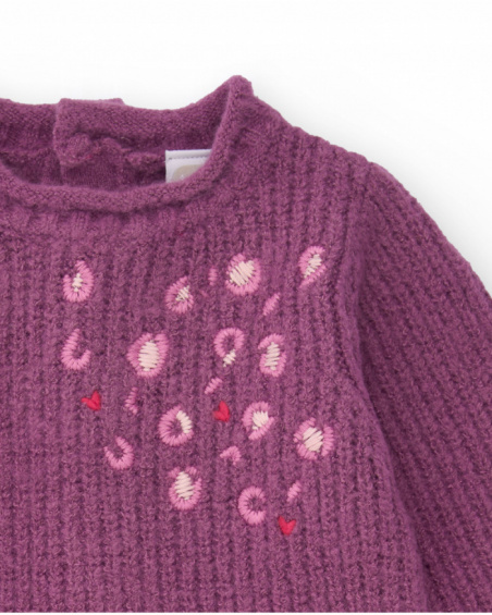 Vestito in maglia e tulle per bambina nei toni del viola con stampa floreale.