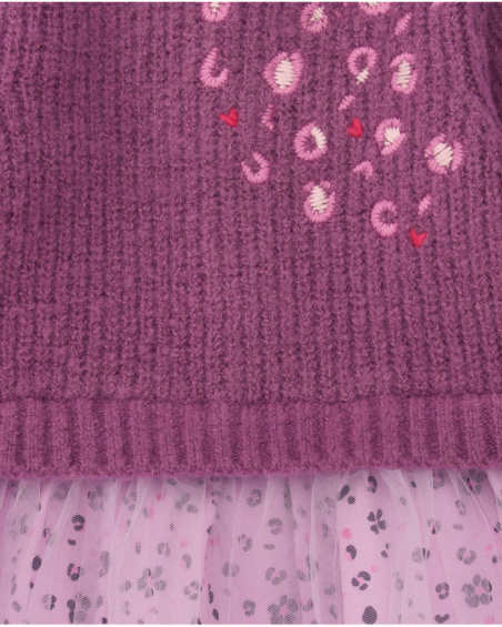 Vestito in maglia e tulle per bambina nei toni del viola con stampa floreale.