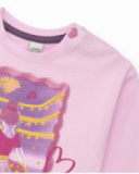 Maglietta per bambina colore rosa con stampa di ballerina e fiocco decorativo.