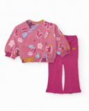 Completo per bambina con felpa rosa con stampa divertente e pantaloni a zampa.