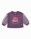 Blusa in maglia per bambina viola con maniche in tulle stampato.
