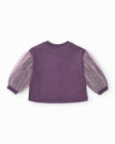 Blusa in maglia per bambina viola con maniche in tulle stampato.