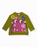 Maglietta a maniche lunghe per bambina verde con stampa di mostro floreale. Maglietta a maniche lunghe per bambina verde con stampa di mostro floreale.