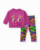 Completo felpa e leggings per bambina in tonalità fucsia e multicolore con stampa divertente.