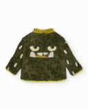 Giacca in peluche per bambina in tonalità verde e giallo con zip frontale.