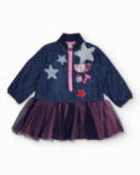 Vestito in denim per bambina con gonna in tulle e applicazioni di stelle.