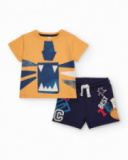 Completo per bambino con maglietta gialla con stampa divertente e pantaloncini blu navy con