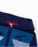 Felpa in maglia per bambino blu navy con cappuccio e design di leone geometrico in colori vivaci.