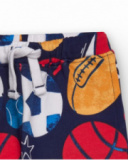 Pantaloni in felpa per bambino blu navy con stampa sportiva multicolore.