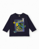Maglietta in jersey per bambino blu navy con stampa spaziale.