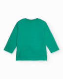 Maglietta in jersey verde per bambino con stampa di razzo e alieno.