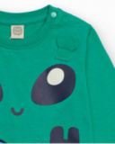 Maglietta in jersey verde per bambino con stampa di razzo e alieno.