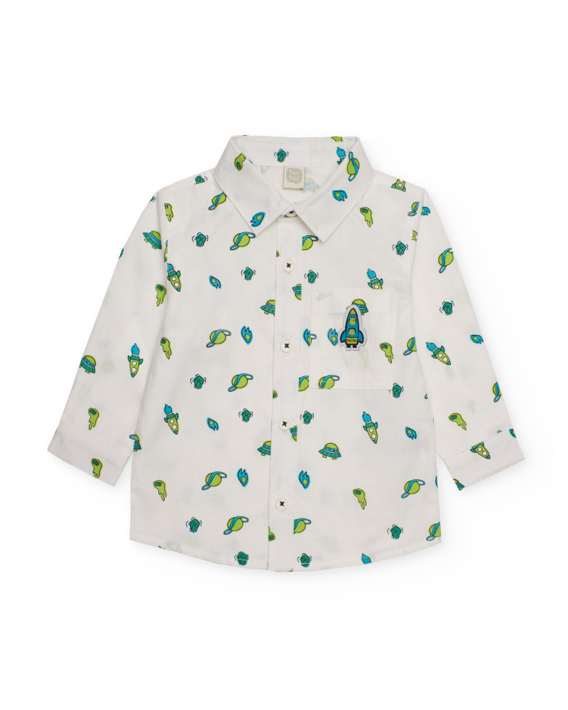 Camicia a maniche lunghe per bambino bianca con stampa a tema spaziale nei toni del verde e blu.