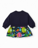 Vestito per bambina blu navy con stampa di pianeti e fiocco rosa decorativo.