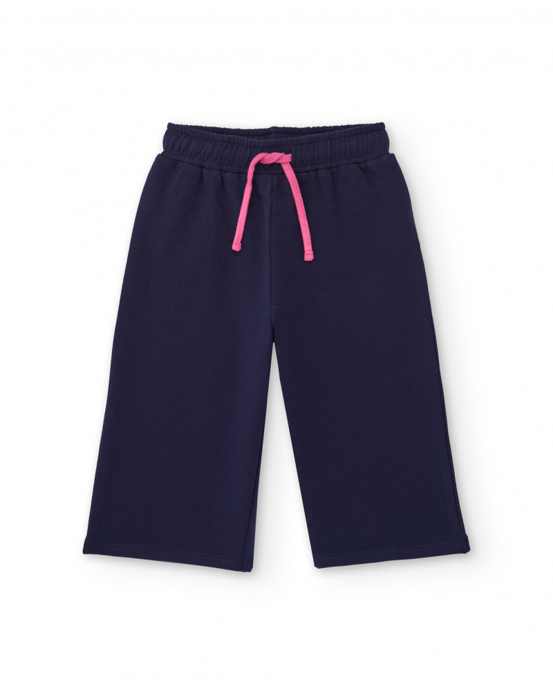 Pantalone in maglia blu navy per bambina con coulisse rosa regolabile.