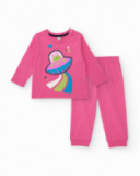 Pigiama in cotone per bambina rosa con stampa di navicella spaziale.