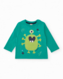 Pigiama in maglia verde per bambino con stampa divertente di mostro.