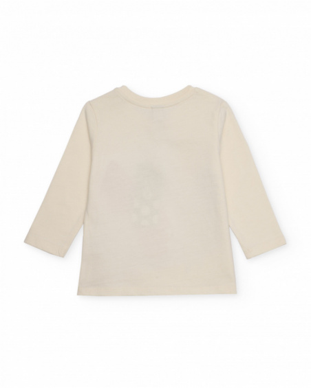 Maglietta a maniche lunghe per bambino color crema con stampa di alberi e frase decorativa.