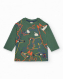 Maglietta a maniche lunghe per bambino verde con stampa di orsi geometrici.