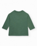 Maglietta a maniche lunghe per bambino verde con stampa di orsi geometrici.