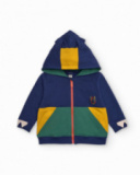 Felpa con cappuccio per bambino blu navy con dettagli verdi e gialli.