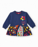 Vestito in maglia per bambina blu navy con applicazione floreale e gonna stampata.