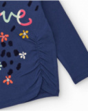 Maglietta in jersey per bambina in blu navy con stampa e arricciatura