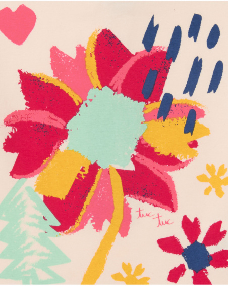 Maglietta a maniche lunghe per bambina color avorio con stampa floreale multicolore.